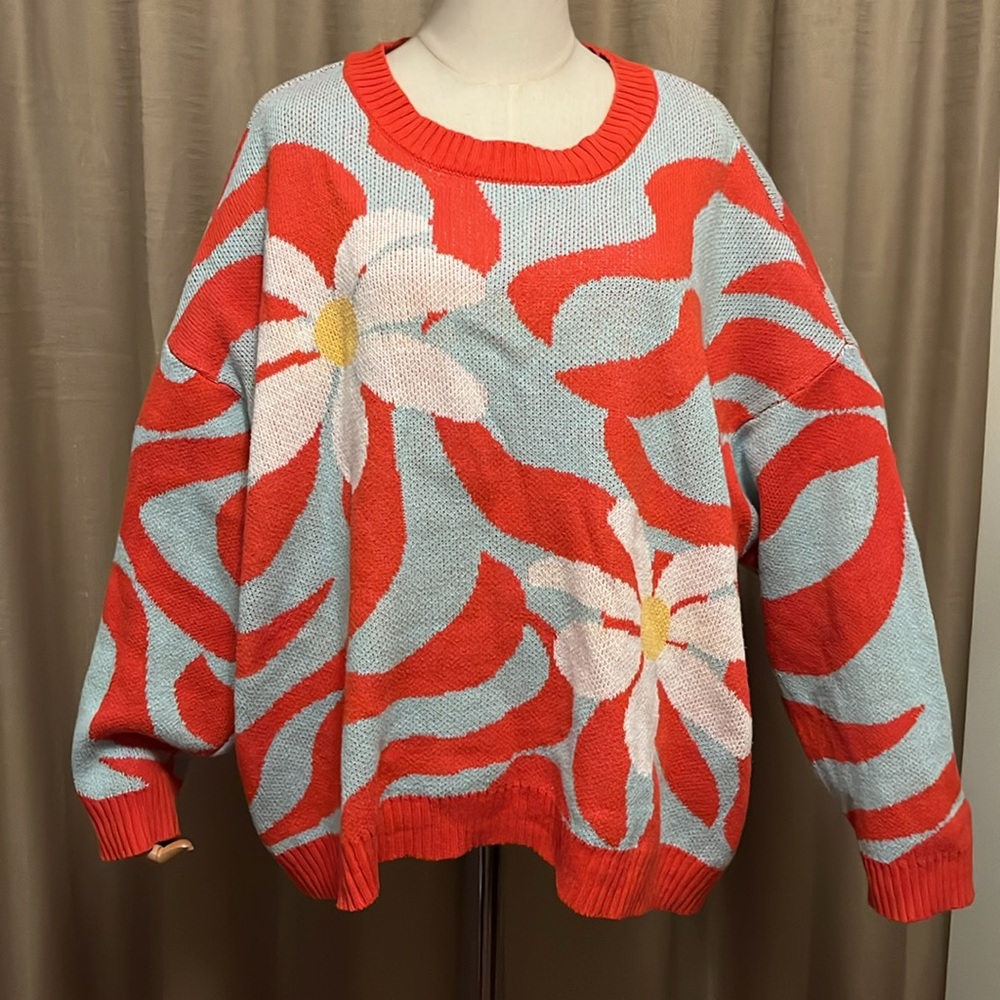 99 Jane Street Womens Plus 3X Crewneck Pullover Orange Blue White Floral Sweater